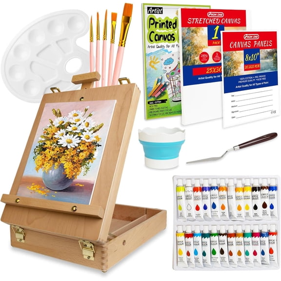 Portable Tabletop Easel Set 36-Piece Acrylic Paints Brushes Canvas DIY Pad | Wooden art kit with 24 acrylic paints, brushes, stretched canvas, storage box, non-toxic travel-friendly starter