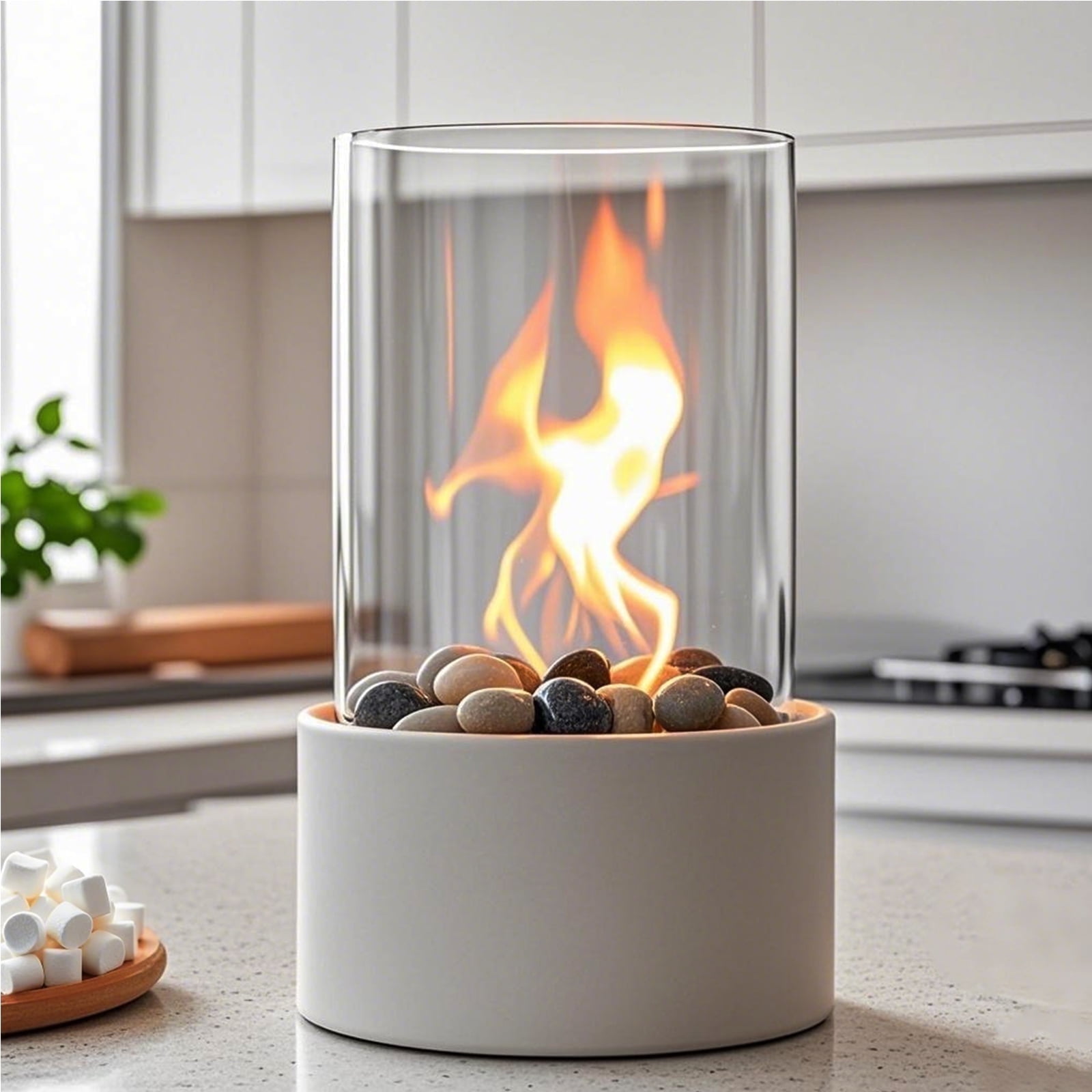 Portable Tabletop Fire Pit with 3 Combustion Charmbers,Indoor & Outdoor Table Top Firepit Bowl, Mini Fireplace with Cobblestones for Modern Home Decoration