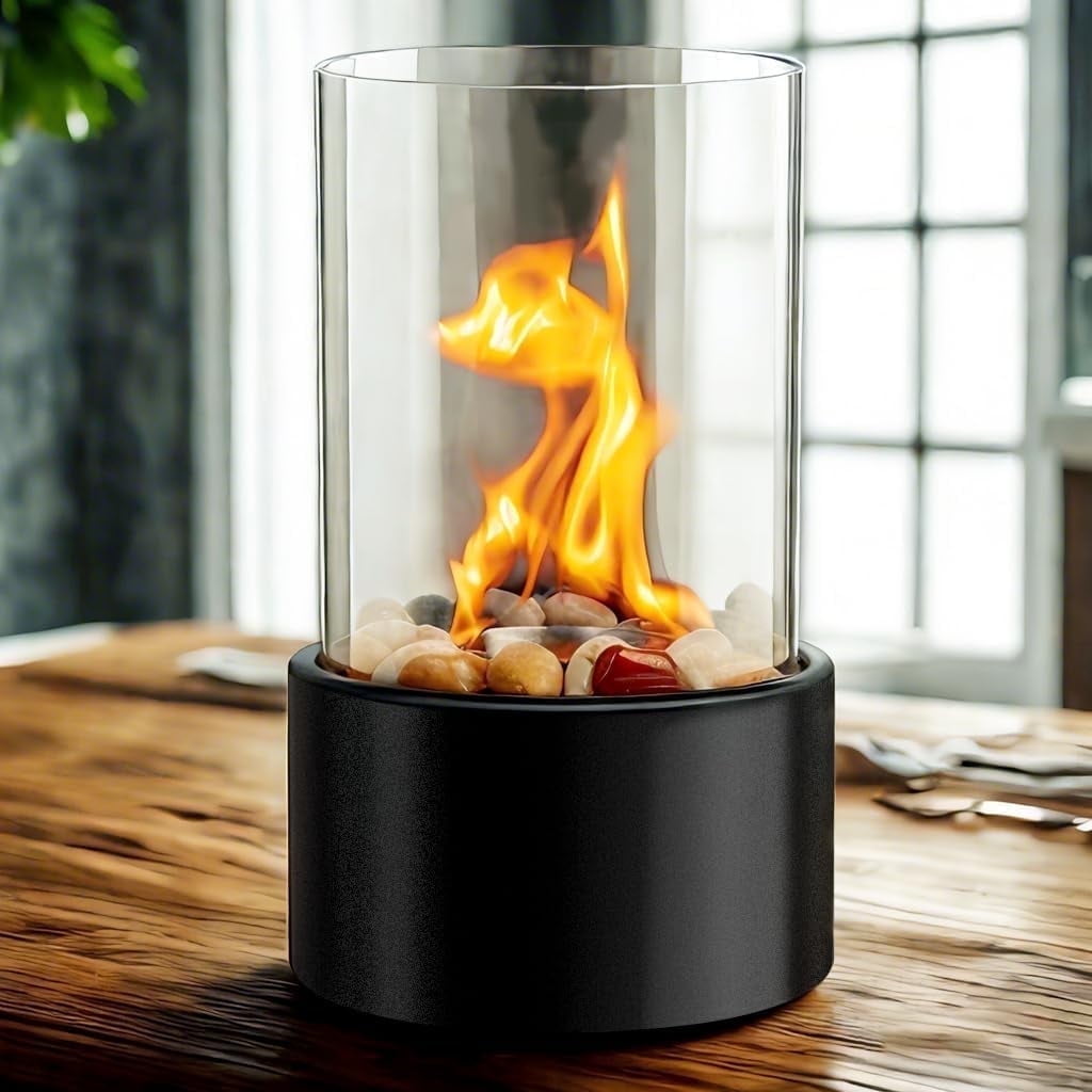 KORNIFUL Portable Tabletop Fire Pit with Borosilicate Glass Tube, Safer Burning, Round Fireplace with Cobblestones for Modern Home