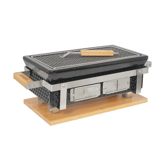 Portable Tabletop Hibachi Charcoal Grill – Round Enamel Stove with Adjustable Air Vent, Wooden Base & Grid Lifter for Korean BBQ & Yakitori – CL-15 ROUND