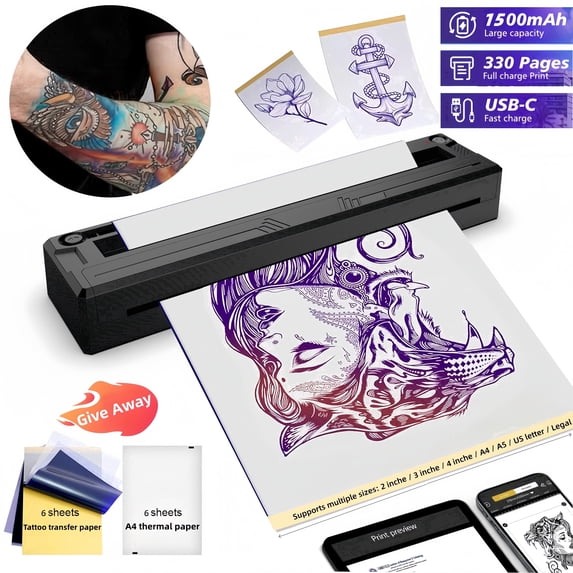 White 210 mm thermal printer with 6 transfer papers and 6 thermal papers for documents and tattoos