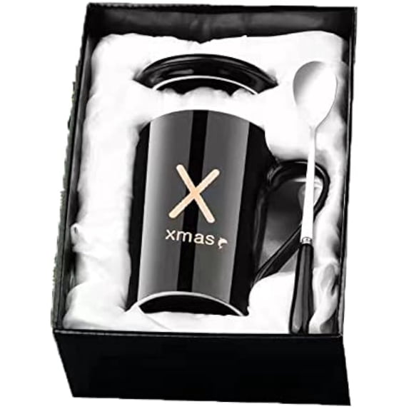 Portable Tea Cup Mug With Lid Spoon Ceramic Cup Home Student Couple Milk Coffee Cup Large Capacity Water Cup X Black