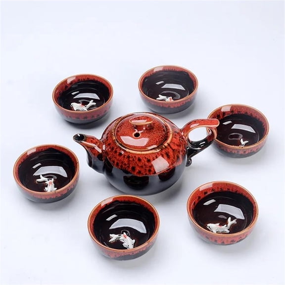 Portable Tea Sets Gifts Chinese Style Ceramic Kung Fu Tea Set Teapot 1 Pot 6 Cups Fish Play Tea Set
