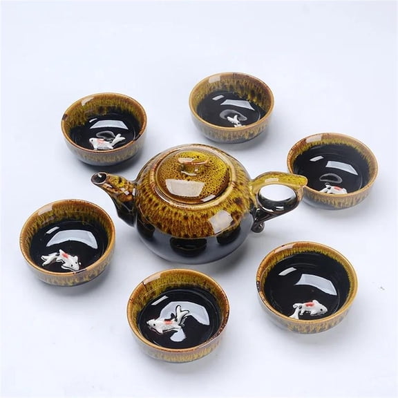 Portable Tea Sets Gifts Chinese Style Ceramic Kung Fu Tea Set Teapot 1 Pot 6 Cups Fish Play Tea Set