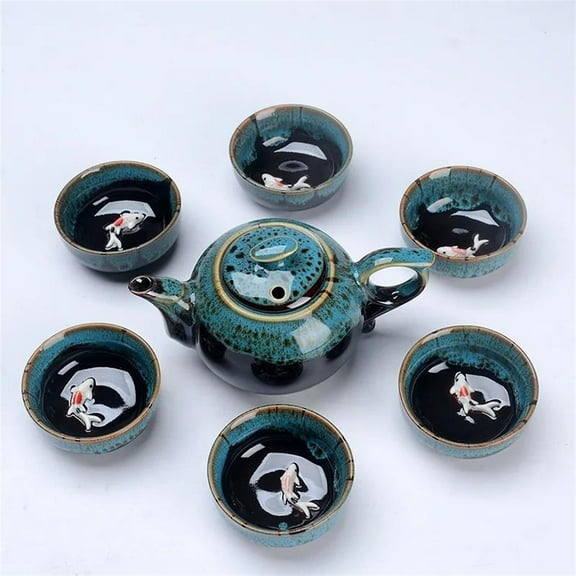 Portable Tea Sets Gifts Chinese Style Ceramic Kung Fu Tea Set Teapot 1 Pot 6 Cups Fish Play Tea Set