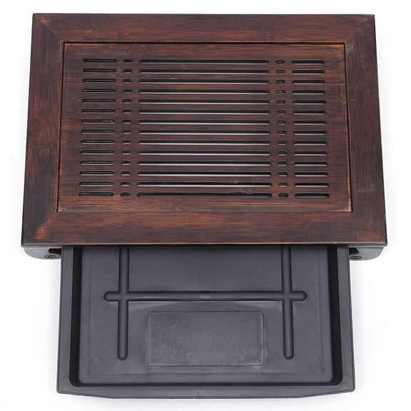 Portable Tea Storage Cabinet, Bamboo Tea Tray with Hidden Drawer, Large Capacity Tea Serving Tray with Drainage Grid for Home, Office