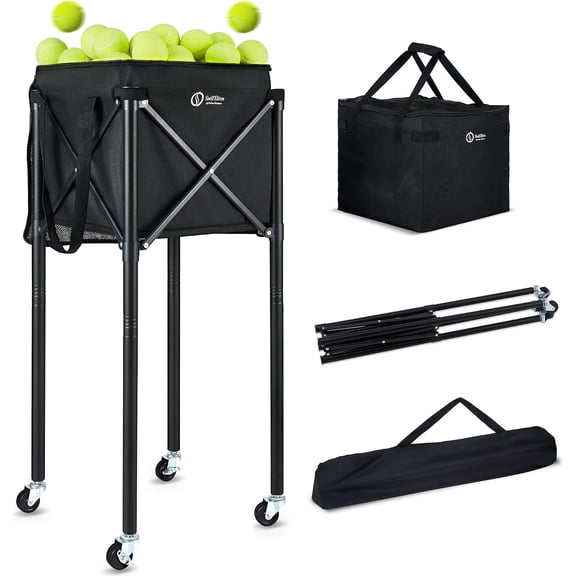 Portable Tennis Ball Hopper & Pickleball Basket, Foldable Tennis Ball Cart with Storage Bag, Multi-Sport Ball Collector for Training & Practice