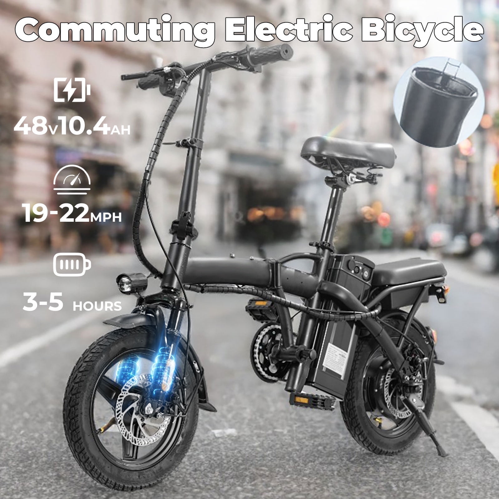 Portable Terrosor T5 Electric Bicycle - 14" Foldable Design, Dual Disc Brakes, 20mph Max Speed, Includes Storage Basket