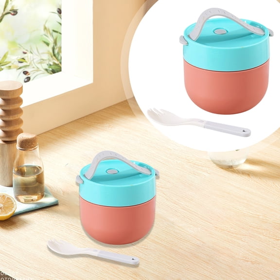 Portable Thermal Lunch Box, Plastic Insulated Soup Cup with Folding Spoon Leak Proof Lock Lid, Keeps Food Hot, BPA Free Mini Bento Jar Blue
