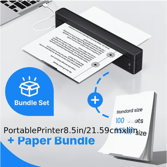 Portable Thermal Printer A10a Black, Wireless BT Inkless Printer, Compatible with Phone Laptop for On-the-Go Printing, Include 110 sheets Thermal Paper