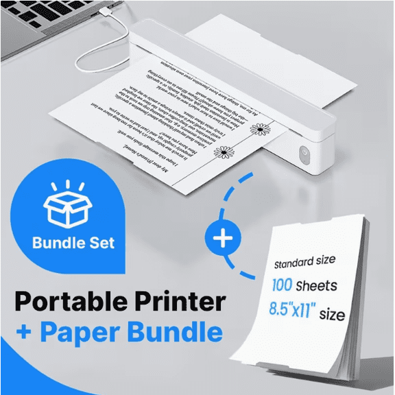 Portable Thermal Printer A10a White, Wireless BT Inkless Printer, Compatible with Phone Laptop for On-the-Go Printing, Include 110 sheets Thermal Paper