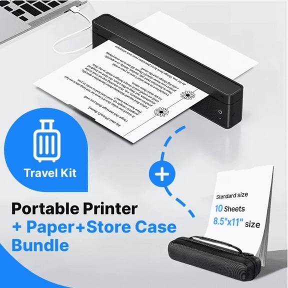 Portable Thermal Printer A10a Wireless BT Inkless Printer Black, Bundle Kits with 10 Sheets Thermal Paper & Black Travel Carrying Case, Compatible with Phone Laptop for On-the-Go Printing