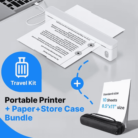 Portable Thermal Printer A10a Wireless BT Inkless Printer White, Bundle Kits with 10 Sheets Thermal Paper & Black Travel Carrying Case, Compatible with Phone Laptop for On-the-Go Printing