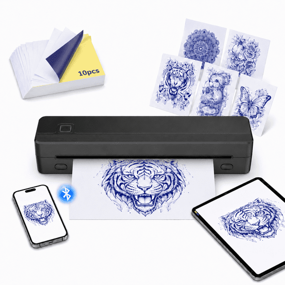 Portable Thermal Printer,Wireless Tattoo Stencil Printer Machine with A4 Paper for Phone Laptops, Inkless for Home Office Travel(10 Tattoo Paper)