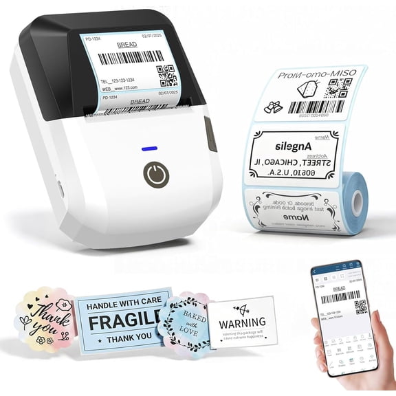 Portable Thermal Printer, Bluetooth Label Maker Machine with Tape, Barcode & Small Receipt Printing Mode, USB Wireless, Compatible with Android iOS Windows macOS