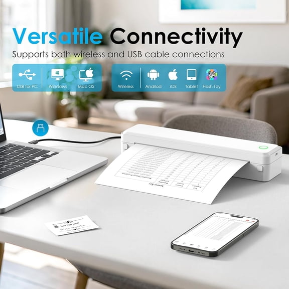 Portable Thermal Printer Wireless for Travel Office School Includes 3 Rolls Paper US Letter A4 Inkless Compatible iOS Android Laptops