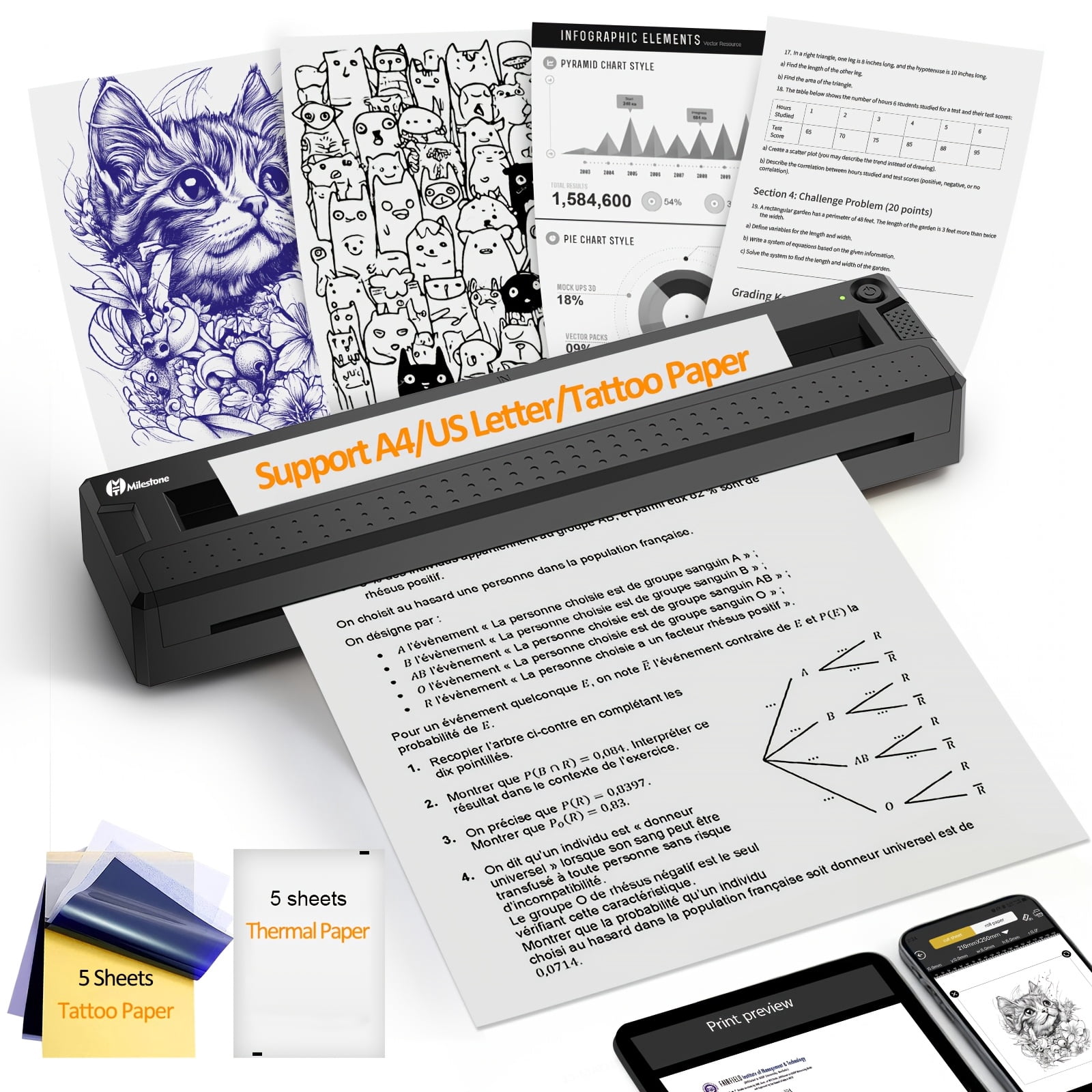 Portable Thermal Printer for A4 Documents & Tattoo Stencils, Wireless USB Phone PC Compatible