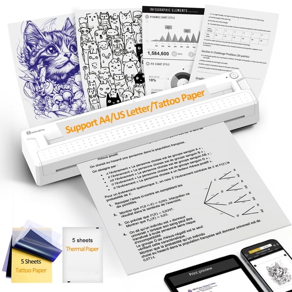 Portable Thermal Printer for A4 Documents & Tattoo Stencils, Wireless USB Phone PC Compatible