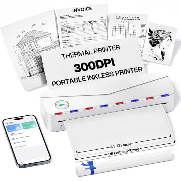 Portable Thermal Printers for Travel, Inkless Portable Printer Support 8.5'' x 11'' US Letter Size, Wireless Printer Compatible with iOS, Android & Laptop for Office,Home,