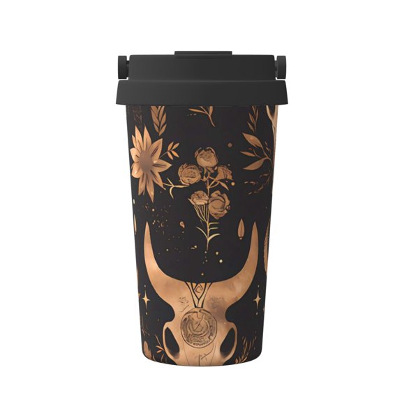 Portable Thermos Cup Coffee Cup 6.93.4in Invisible Ring Easy To Carry For Car Cafe Office Home Bohemian Cow Skull Crescent Moon Flower