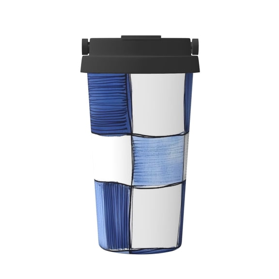 Portable Thermos Cup Coffee Cup 6.93.4in Invisible Ring Easy To Carry For Car Cafe Office Home Cornflowerblue Checked Hand-Drawn Sketch_4