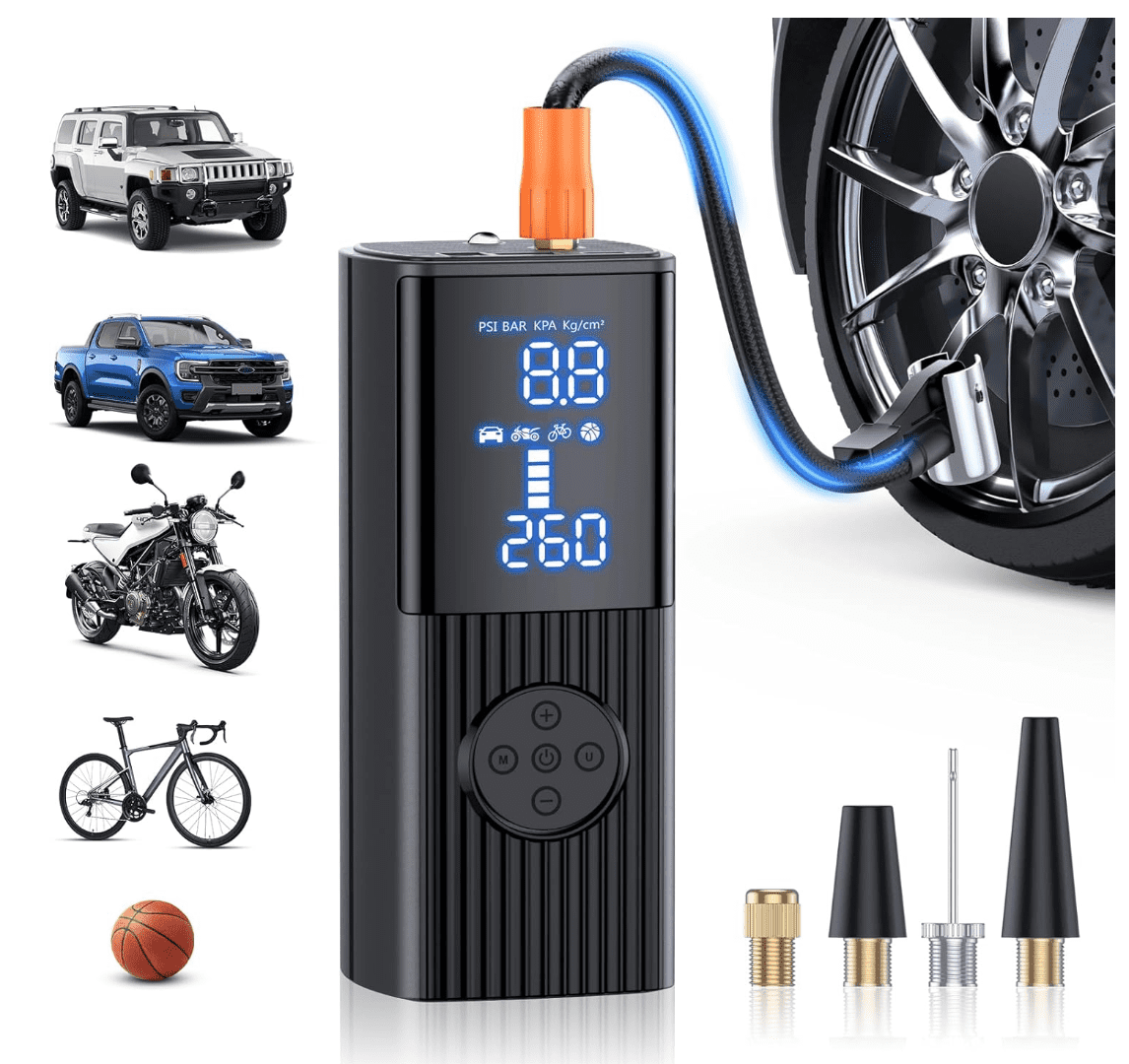 Portable Tire Inflator Air Compressor - 150 PSI, 25,000mAh Rechargeable Battery, Digital Pressure Gauge, Fast Inflation for Car, Bike, Motorcycle, Balls & More