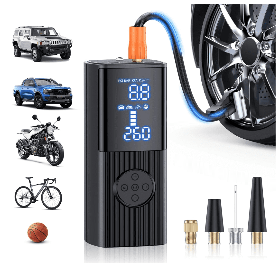 Portable Tire Inflator Air Compressor - 150 PSI, 25,000mAh Rechargeable Battery, Digital Pressure Gauge, Fast Inflation for Car, Bike, Motorcycle, Balls & More