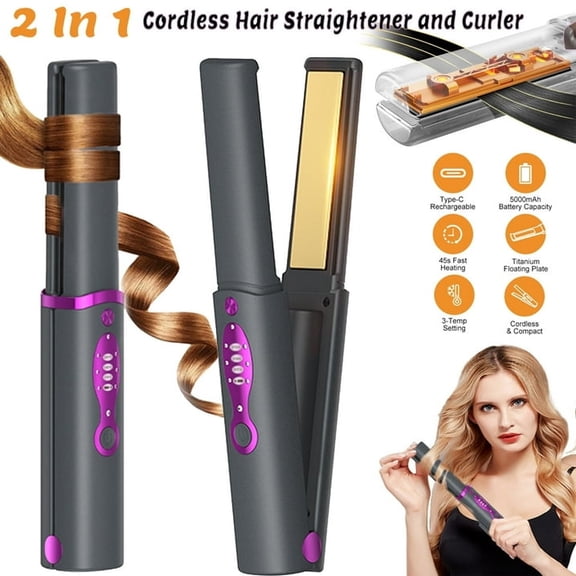Portable Titanium Cordless Hair Straightener,2 in 1 Straightening & Curing,3 TEMP Setting,10 Mins Auto-off Design,5000mAh Rechargable for Travel,At Home