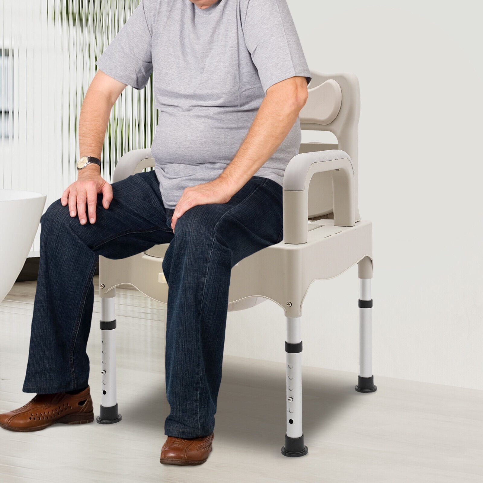 Portable Toilet Chair, Height Adjustable Commode Toilet for Home Use Modern Grey White Bedside Commodes Chair
