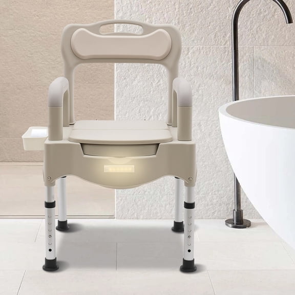 Portable Toilet Chair, Modern Grey White Bedside Commodes Chair, Height Adjustable Commode Toilet for Home Use