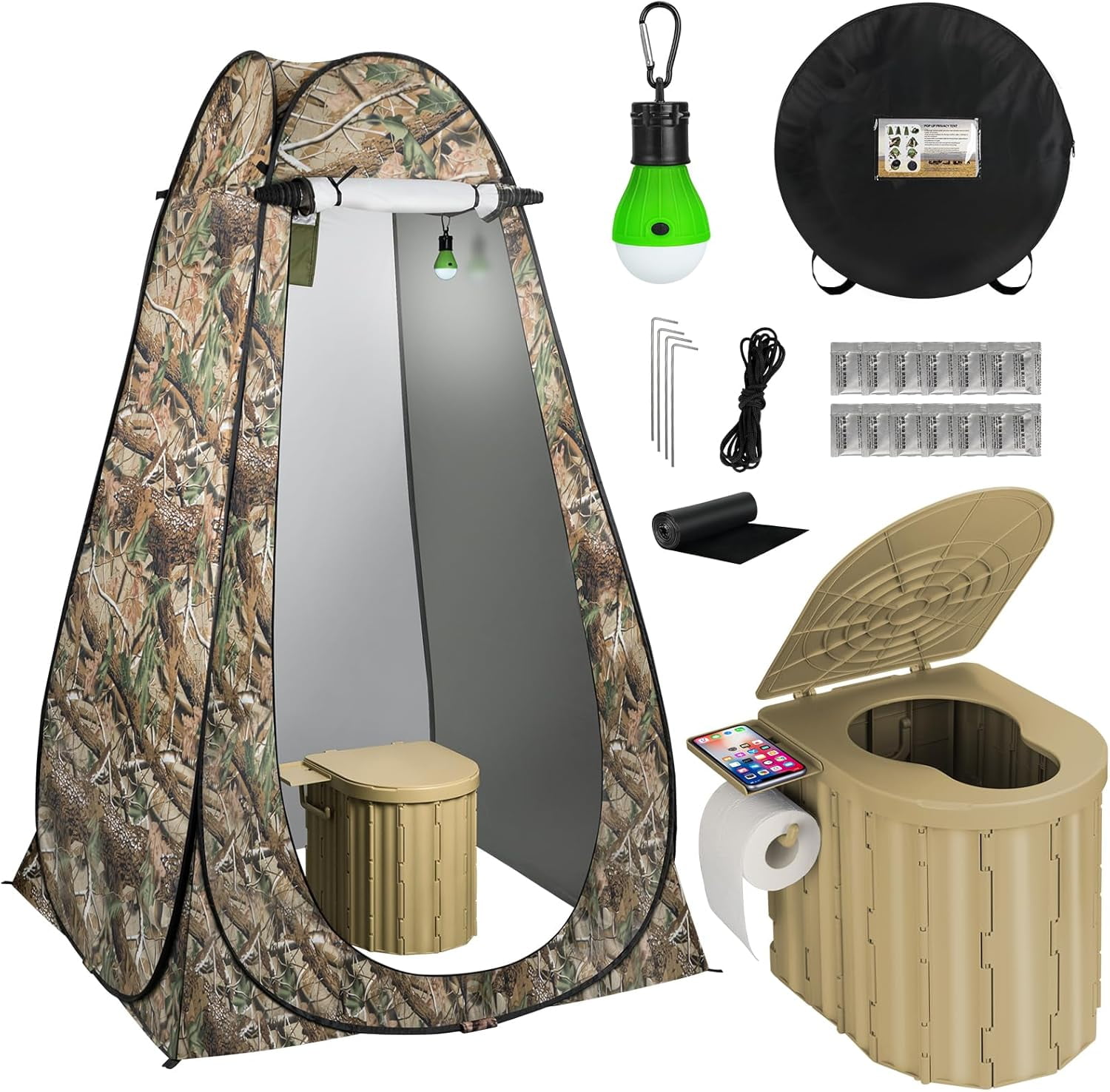 Portable Toilet with Tent, Privacy Pop Up Tent with LED Lights Camp Bathroom for Adults Outdoor