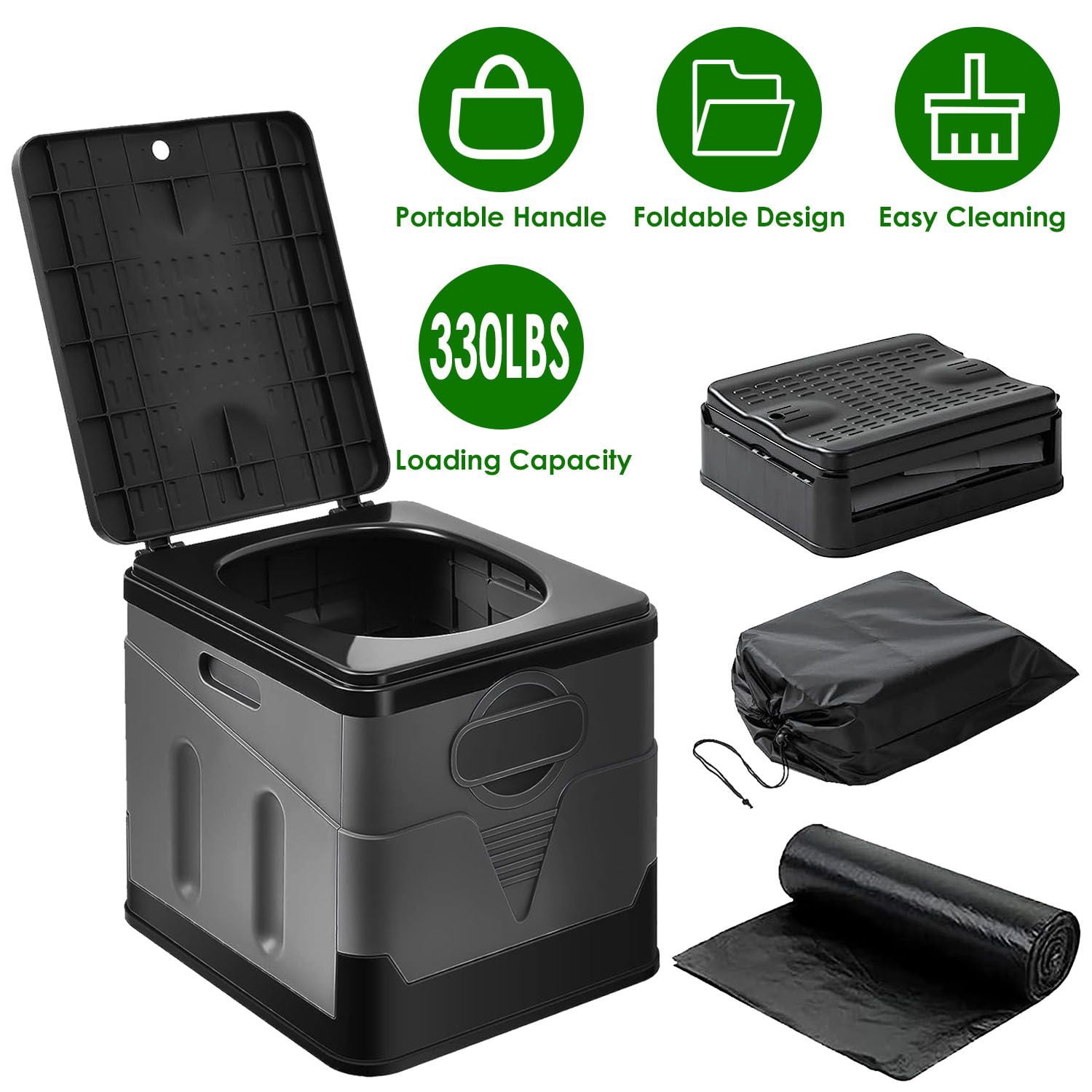Portable Toilet with Carry Bag, Foldable Toilet with Lid Trash Bags for Car Indoor Outdoor Commode Travel, Camping, Tent, Hiking, Boating
