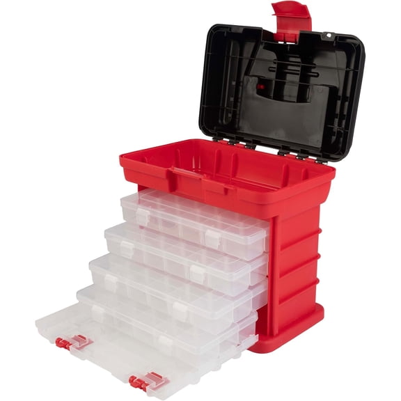 Portable Tool Box - Small Parts Organizer with Drawers and Customizable Compartments for Hardware, Fishing Tackle, Beads, or Crafts by General (Red)
