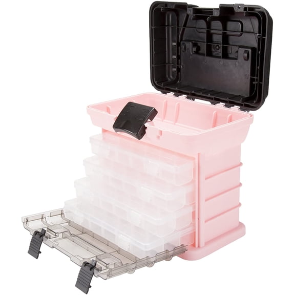 Portable Tool Box - Small Parts Organizer with Drawers and Customizable Compartments for Hardware, Fishing Tackle, Beads, or Crafts by (Pink)