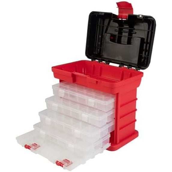 Portable Tool Box - Small Parts Organizer with Drawers and Customizable Compartments for Hardware, Fishing Tackle, Beads, or Crafts by (Red)