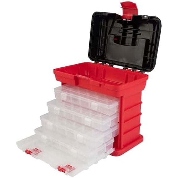 Portable Tool Box - Small Parts Organizer with Drawers and Customizable Compartments for Hardware, Fishing Tackle, Beads, or Crafts by (Red)