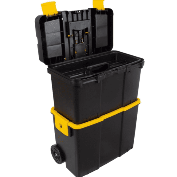 Portable Tool Box with Wheels - Stackable 2-in-1 Tool Chest with Fold-Down Comfort Handles, Tough Latches, and Removable Storage Trays by Stalwart