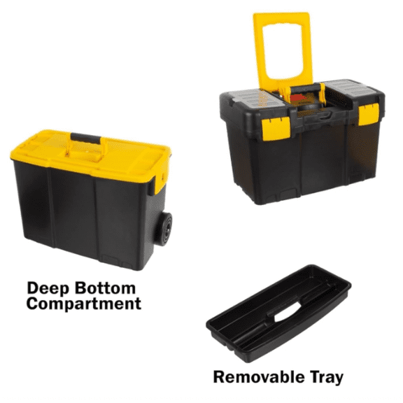 Portable Tool Box with Wheels - Stackable 2-in-1 Tool Chest with Fold-Down Comfort Handles, Tough Latches, and Removable Storage Trays by Stalwart