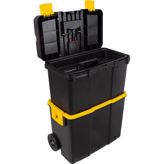 Portable Tool Box with Wheels - Stackable 2-in-1 Tool Chest with Fold-Down Comfort Handles, Tough Latches, and Removable Storage Trays by
