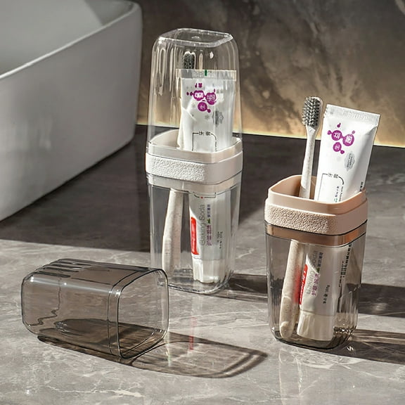 Portable Toothbrush Toothpaste Travel Storage Case Set with Mouthwash Cup, Home Organizer, Clear Khaki, Plastic, 1pc