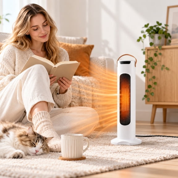 Portable Tower Ceramic Space Heater, Built-in Battery Rechargeable Oscillating Electric Fan Heater, Plastic Body with Adjustable Thermostat & Timer, Indoor Heater for Bedroom Living Room, US Plug