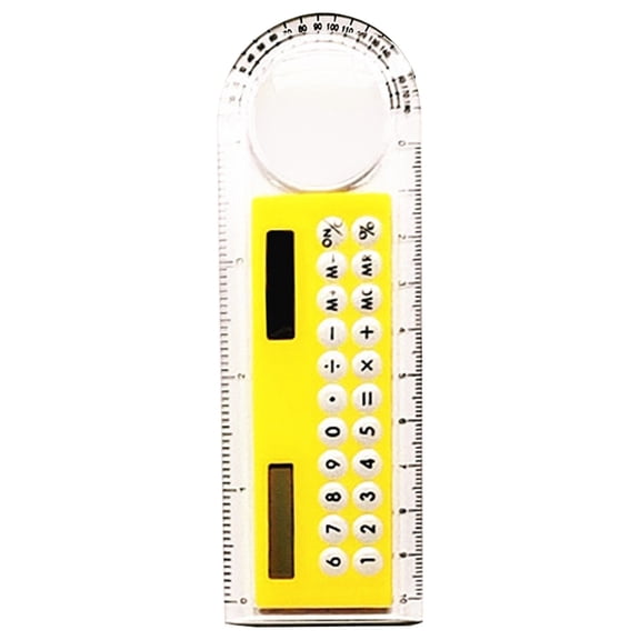 Portable Transparent Ruler with Built-In Calculator and Magnifier, Oimcto 4-In-1 Tool Includes Protractor, Compact Electronics for Engineers and Office Workers, Yellow