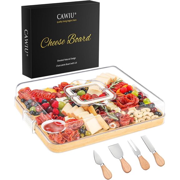 Portable Travel Charcuterie Board with Lid and Handle - Large Cheese Board with 4 Cheese Set for Outdoor, Picnics - Weddings, House Warming for Women (6 Compartments, White)
