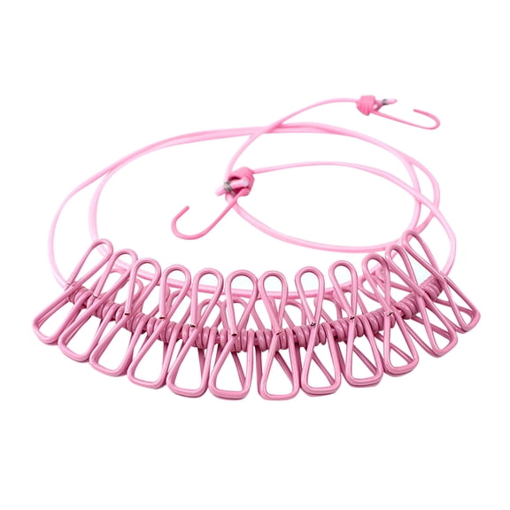 Portable Travel Clothesline with 12 Clothespins Windproof Retractable Elastic Laundry Drying Line for Outdoor Camping Hotel Backyard RV Trip Accessories Pink