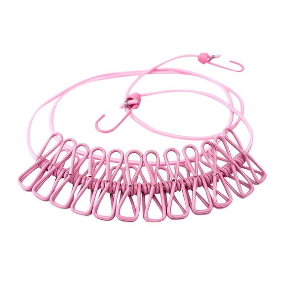 Portable Travel Clothesline with 12 Clothespins Windproof Retractable Elastic Laundry Drying Line for Outdoor Camping Hotel Backyard RV Trip Accessories Pink