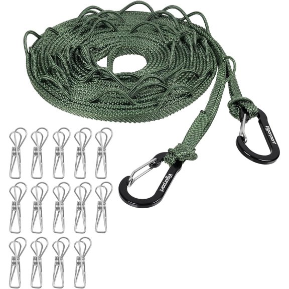 Portable Travel Clothesline, Windproof Clothes Line with Hang Hole, Indoor and Outdoor Laundry Line with Clothespins for Hotel, Camping, RV, Cruise Ship (Green, 18.8Ft)