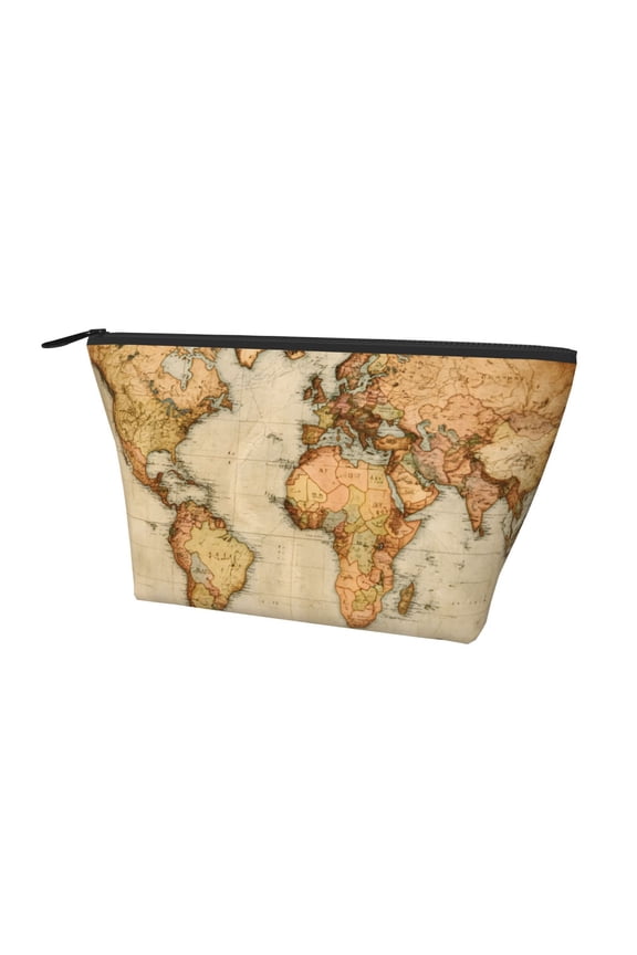 Portable Travel Clutch Cosmetic Makeup Pouch Bag Vintage Style World Map Organizer Purse (Trapezoid Pouch)