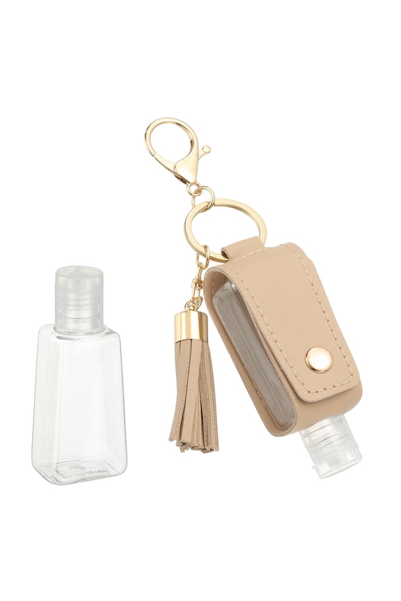 Portable Travel Empty Bottle with Keychain, 30ml PU Leather Mini Squeeze Bottle, Hand Liquid Refillable Container Travel Size for Toiletry Lotion Shampoo Liquid Soap, Beige