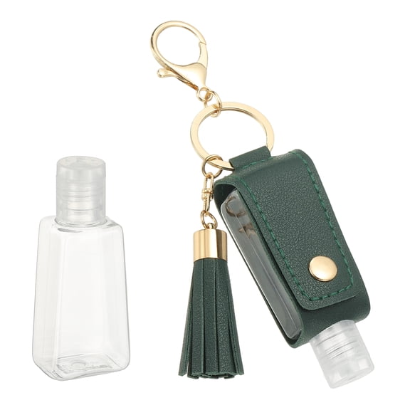 Portable Travel Empty Bottle with Keychain, 30ml PU Leather Mini Squeeze Bottles, Hand Liquid Refillable Container Travel Size for Toiletry Lotion Shampoo Liquid Soap, Dark Green