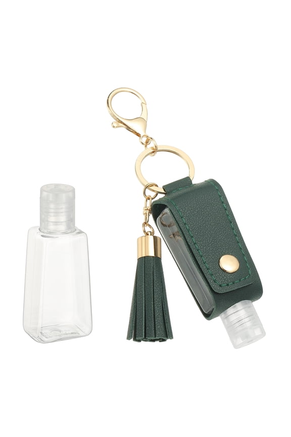 Portable Travel Empty Bottle with Keychain, 30ml PU Leather Mini Squeeze Bottles, Hand Liquid Refillable Container Travel Size for Toiletry Lotion Shampoo Liquid Soap, Dark Green